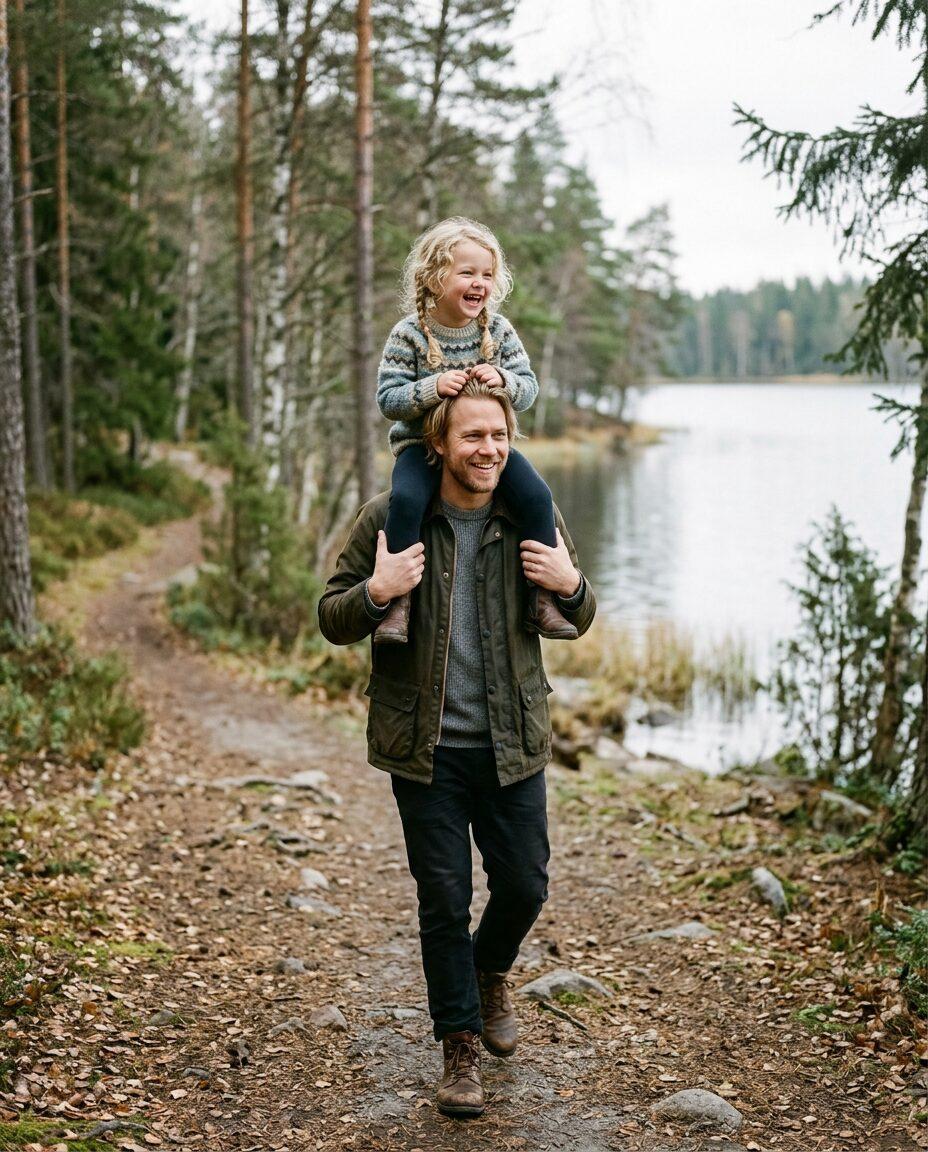 Pappa med dotter på axlarna vid en sjö
